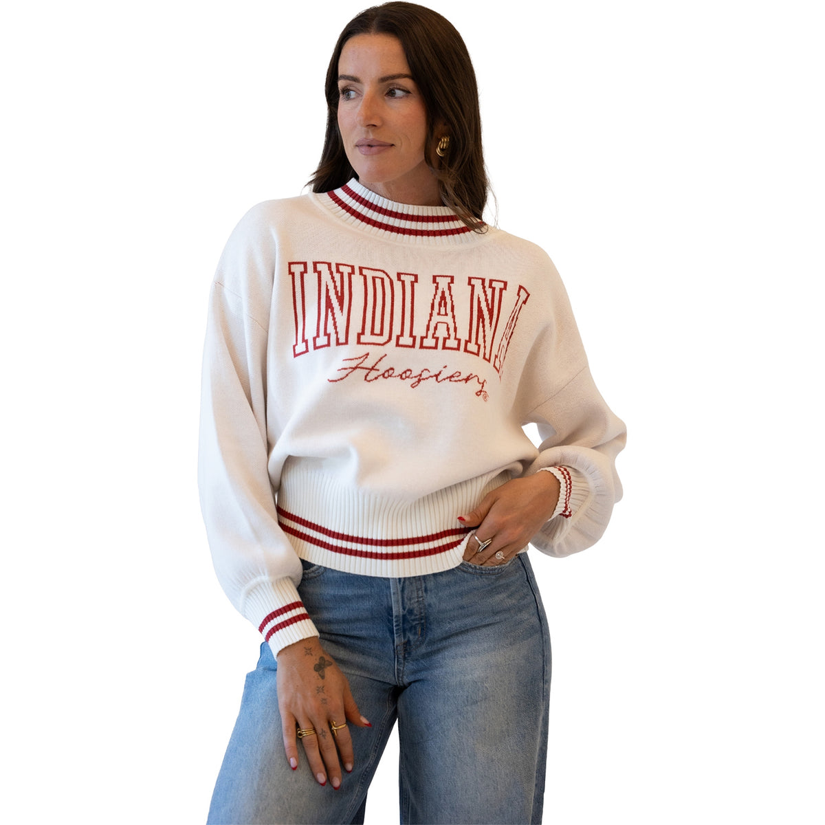 Indiana Hoosiers Gameday Social Ladies Queen Sweater – White - Full View