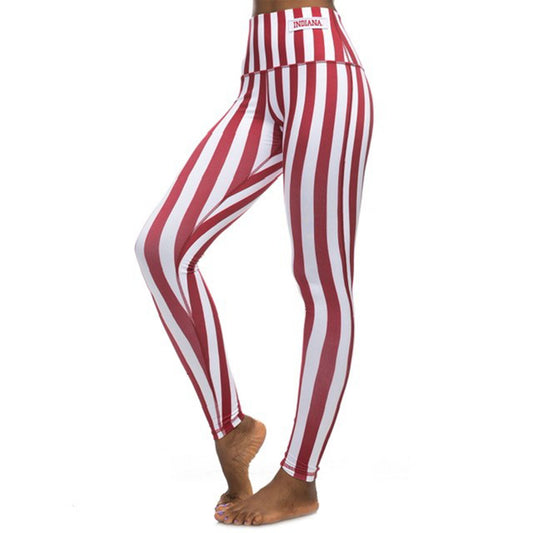 Ladies Indiana Hoosiers Candy Stripe Legging in Crimson and White - Font View