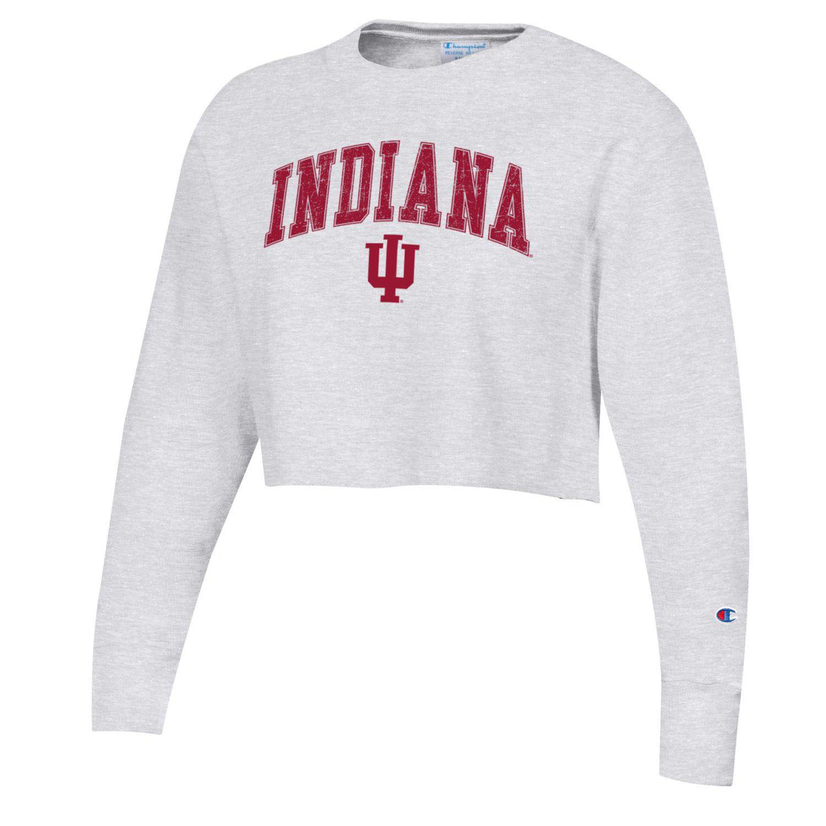 Ladies Indiana Hoosiers Reverse Weave Cropped Crew in Grey - Front View