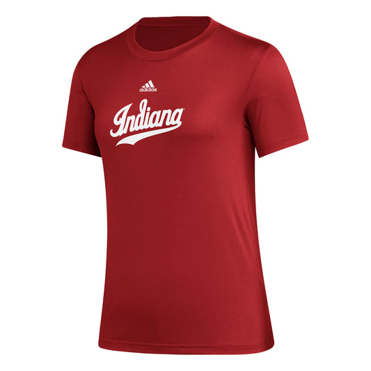 Ladies Indiana Hoosiers Adidas Script Indiana T-Shirt in Crimson - Front View