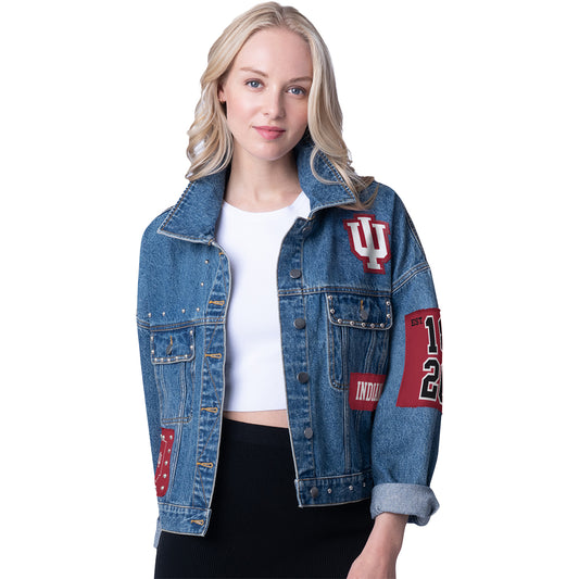 Ladies Indiana Hoosiers Game Ball Denim Jacket - Front View