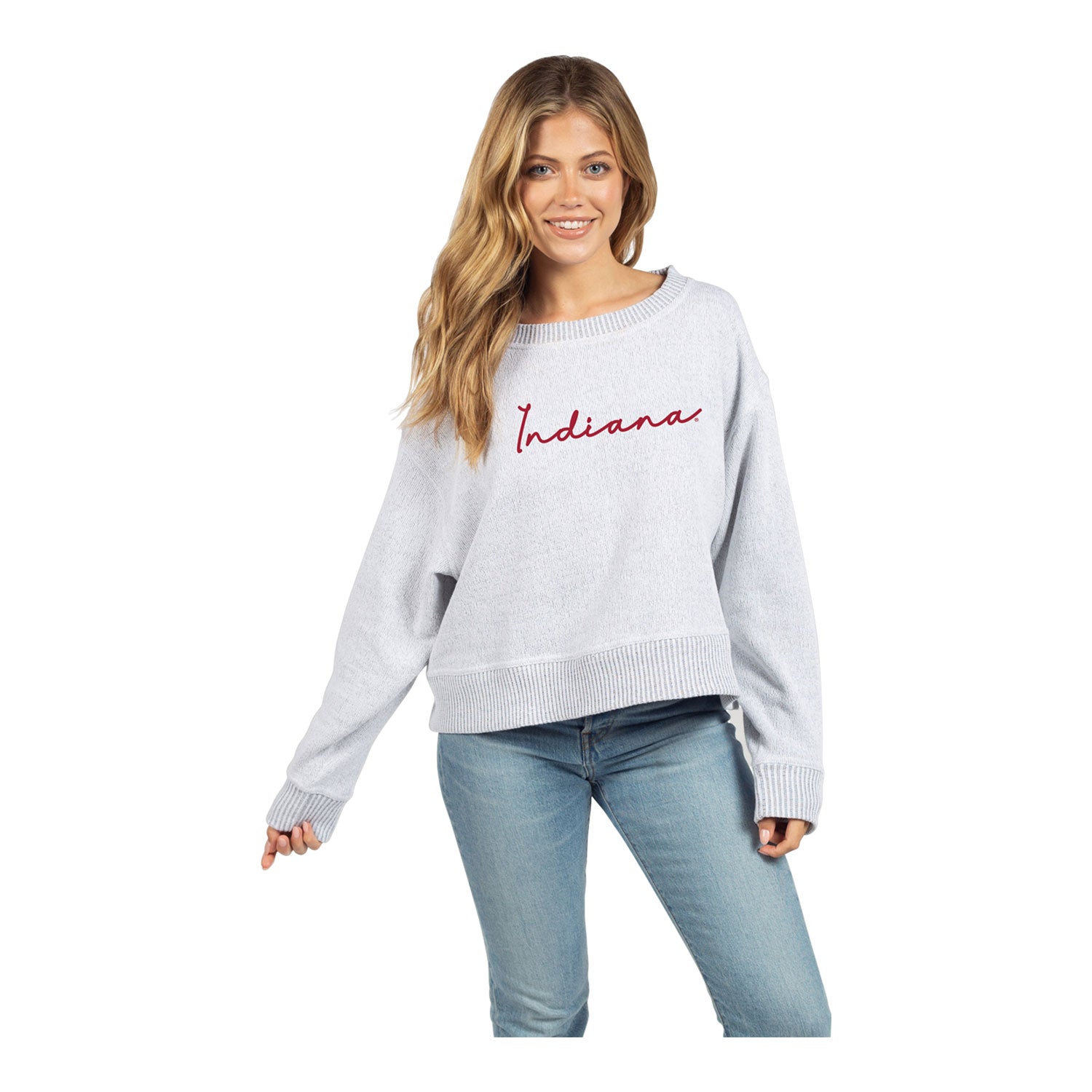 Ladies Indiana Hoosiers Spirit Fleece Long Sleeve Crew Cropped Heather Grey Pullover - Front View
