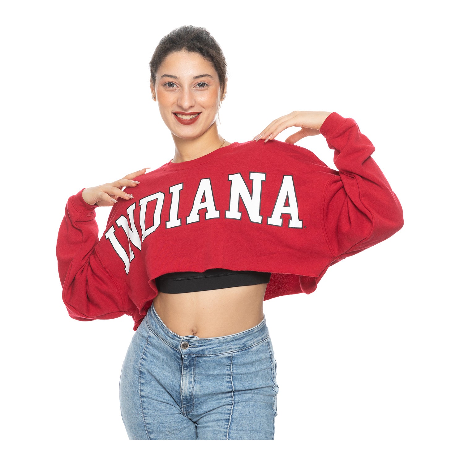 Ladies Indiana Hoosiers Fleece Uber Crimson Crew Crop - Front View