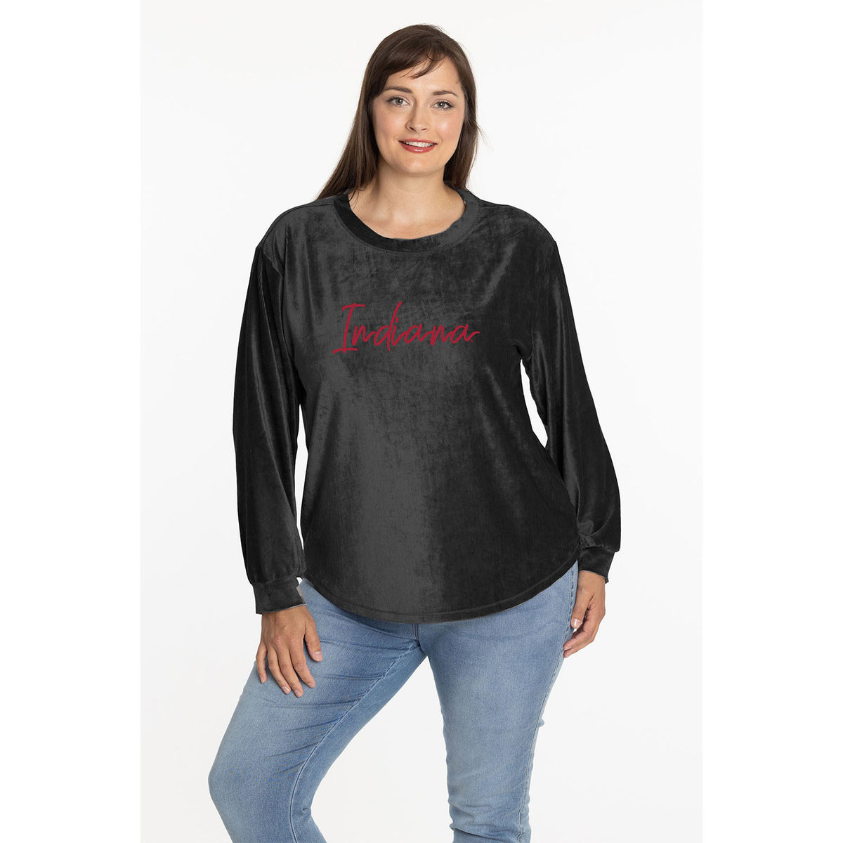 Ladies Indiana Hoosiers Carly Corduroy Velour Script Black Crew Neck Sweatshirt - Front View