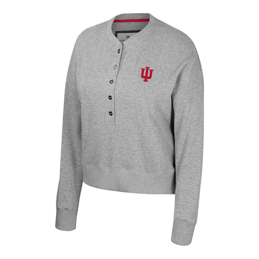 Ladies Indiana Hoosiers Power Shortage Grey Henley Sweater - Front View