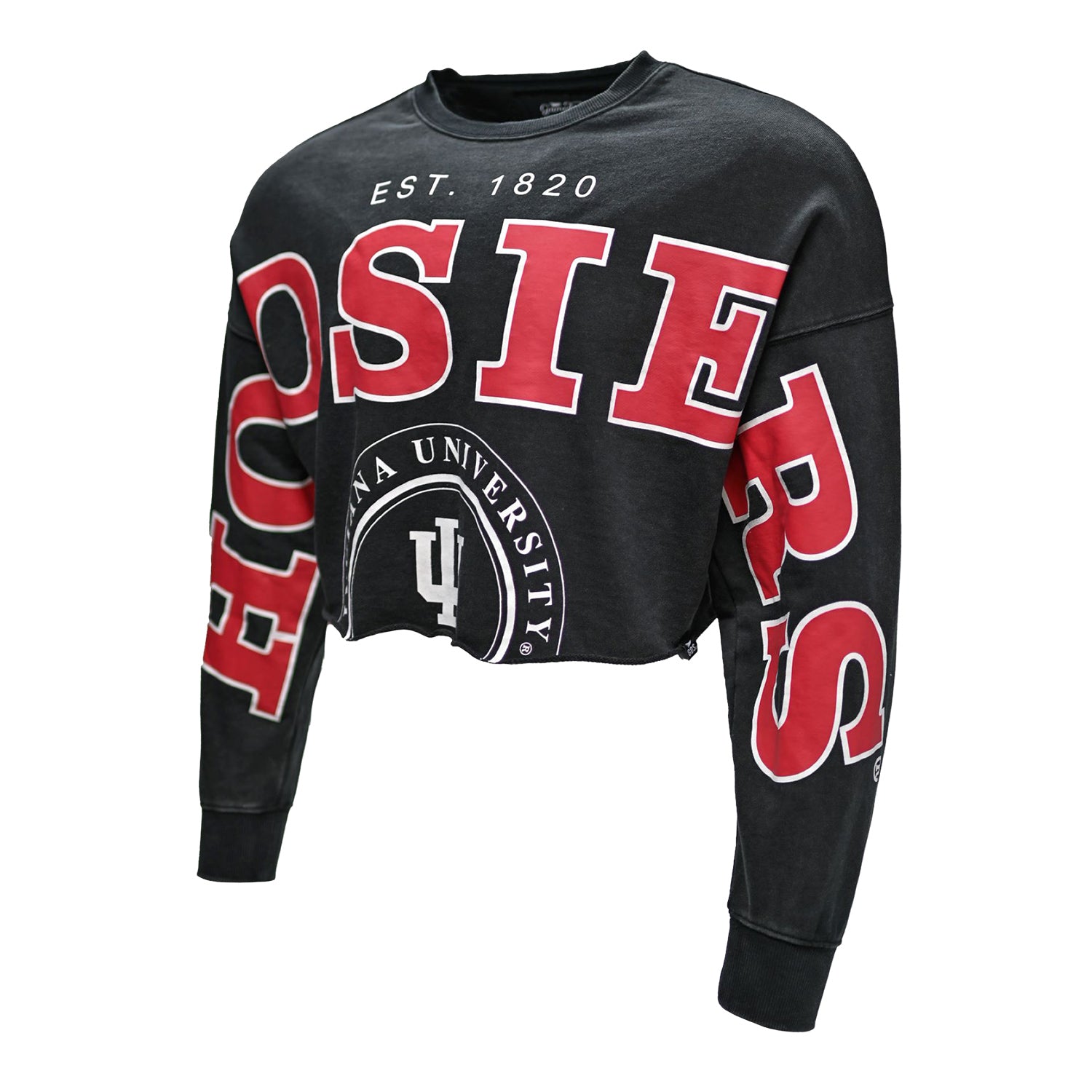 Indiana Hoosiers Ladies Cropped Slip Sleeve Black Crewneck - Front View