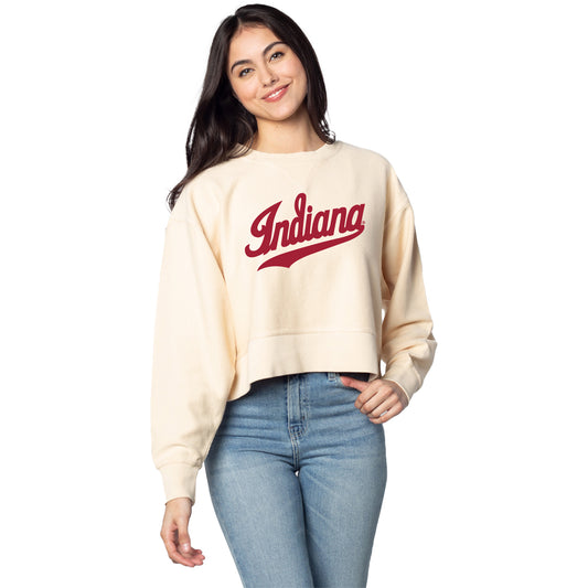 Ladies Indiana Hoosiers Corded Boxy Script Natural Crewneck - Front View