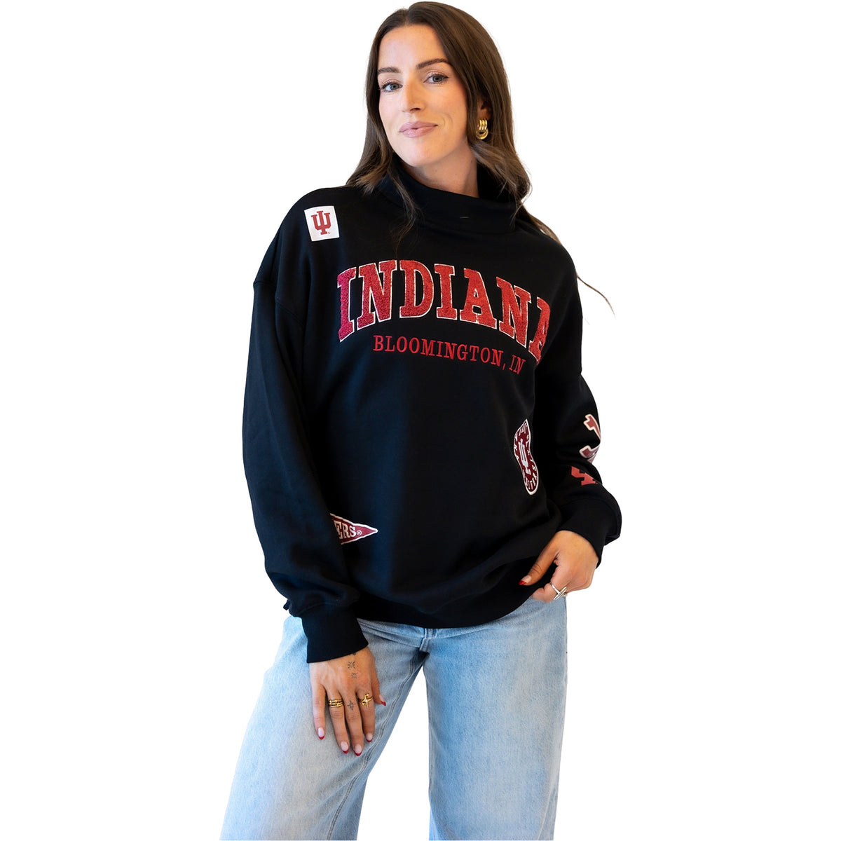 Indiana Hoosiers Gameday Social Ladies All Over Scatter Funnel Neck Pullover – Black - Full View