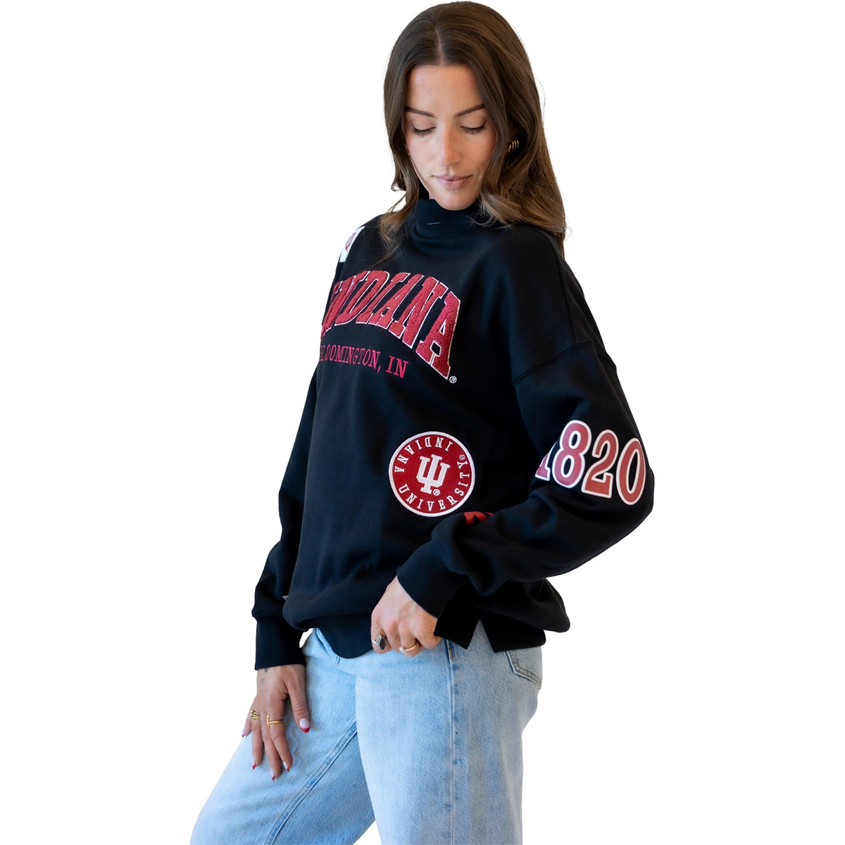Indiana Hoosiers Gameday Social Ladies All Over Scatter Funnel Neck Pullover – Black - Side View