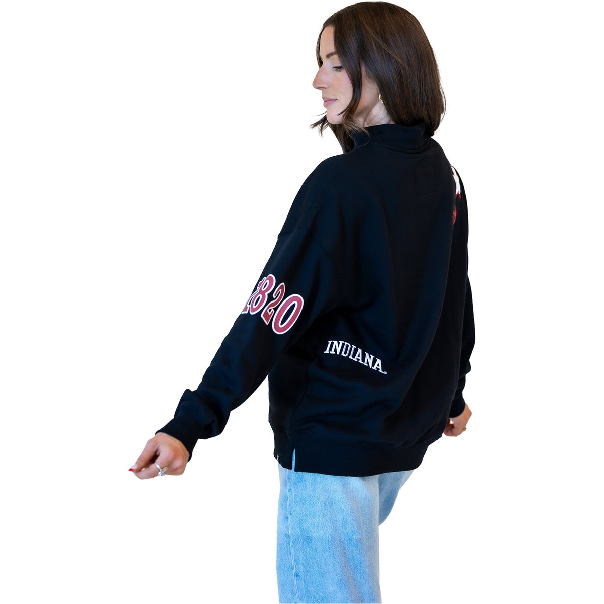 Indiana Hoosiers Gameday Social Ladies All Over Scatter Funnel Neck Pullover – Black - Back View
