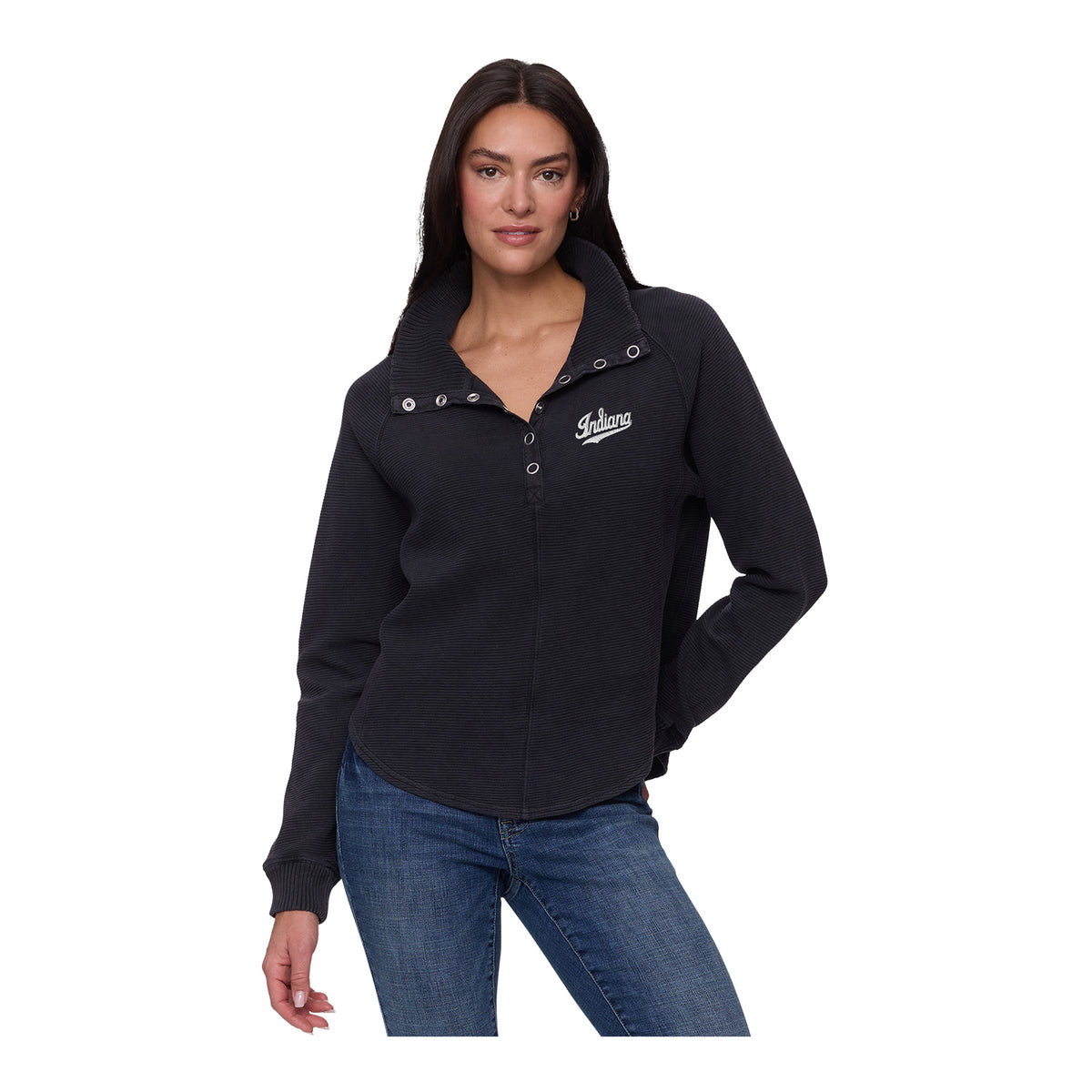 Indiana Hoosiers Flag & Anthem Ladies Adriana Snap Script Indiana Pullover – Black - Full View