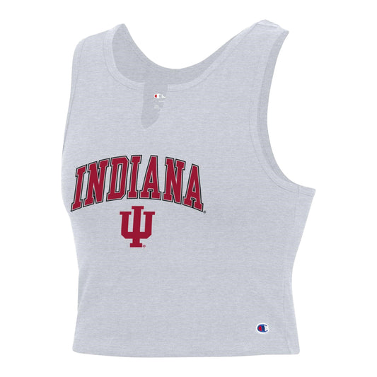 Ladies Indiana Hoosiers Fan Fitted Cropped Grey Tank Top - Front View