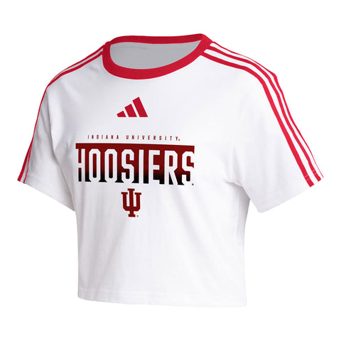Ladies Indiana Hoosiers Adidas 3-Stripe Crop White T-Shirt - Front View
