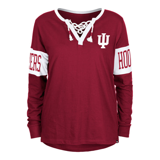 Ladies Indiana Hoosiers Long Sleeve Lace-up Dolman Sleeve Crimson T-Shirt - Front View