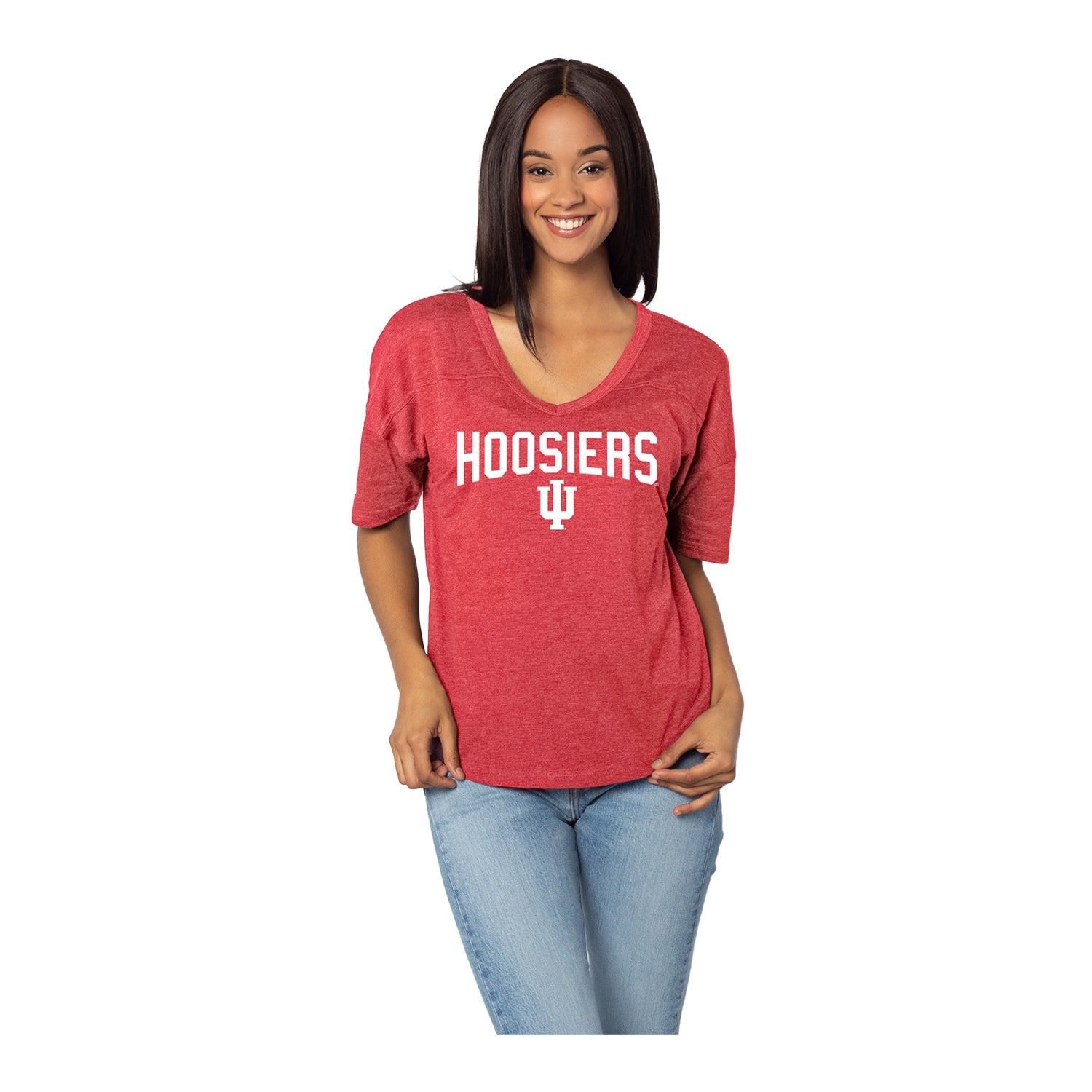 Ladies Indiana Hoosiers V-Happy Melange Jersey Crimson T-Shirt - Front View