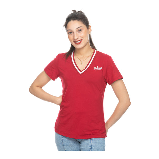 Ladies Indiana Hoosiers V-Neck Stripe Crimson T-Shirt - Front View