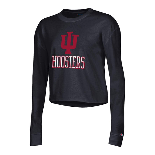 Ladies Indiana Hoosiers Boyfriend Crop Black Long Sleeve T-Shirt - Front View