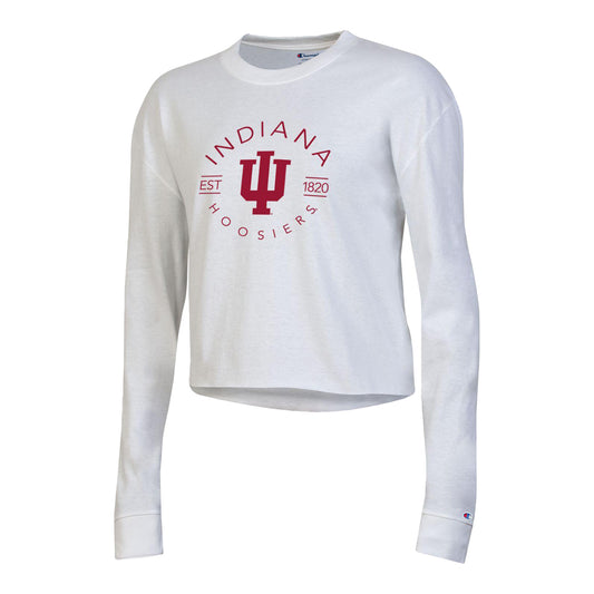 Ladies Indiana Hoosiers Boyfriend Crop White Long Sleeve T-Shirt - Front View