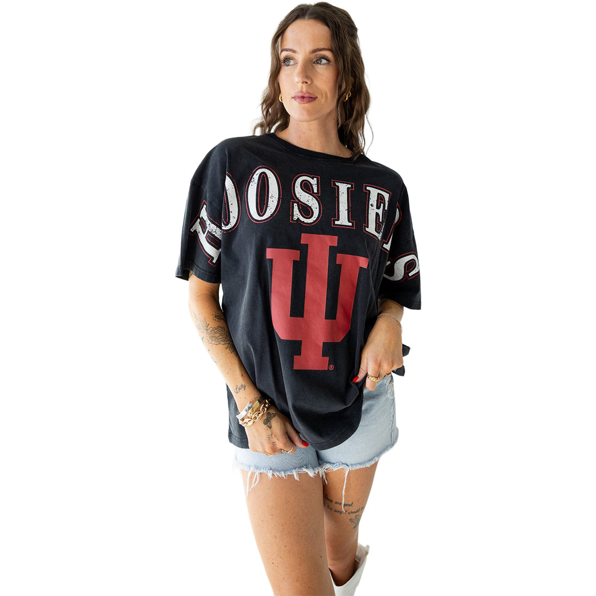 Indiana Hoosiers Gameday Social Ladies Southern Split T-Shirt – Black - Full View