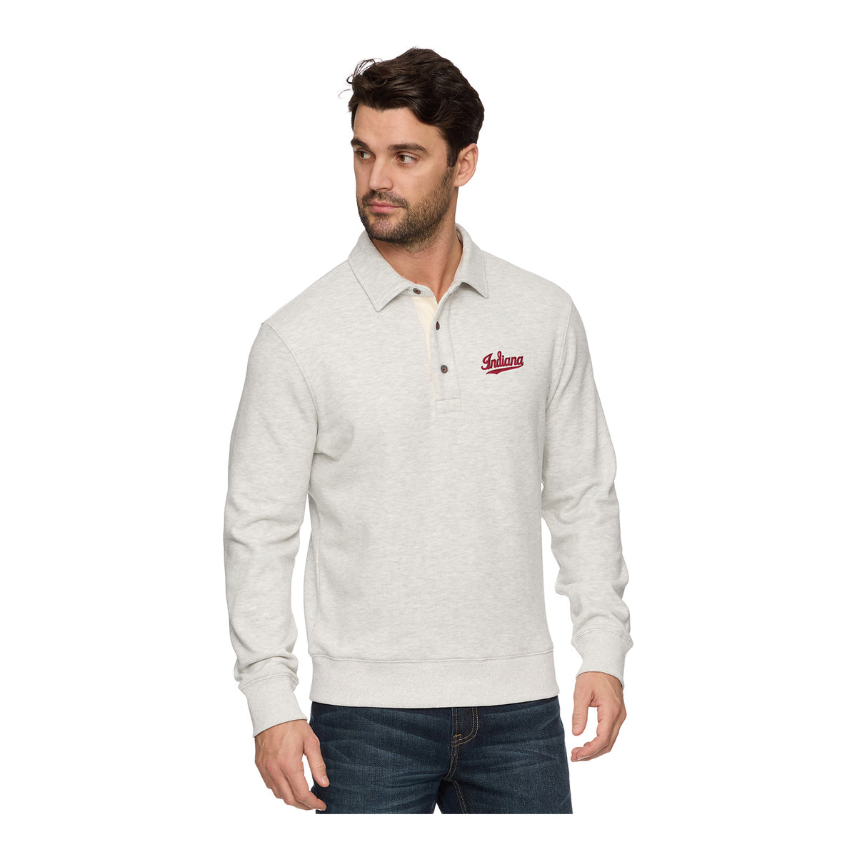 Indiana Hoosiers Antigua Newton Fleece Grey Heather Long Sleeve Polo - Front View
