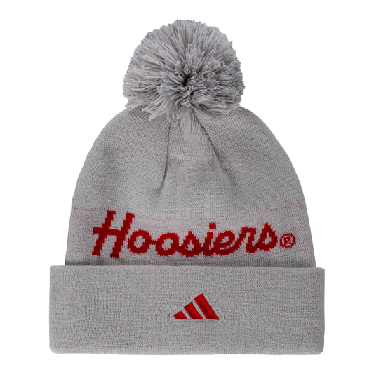 Indiana Hoosiers Adidas Cuff Pom Grey Knit Hat - Front View