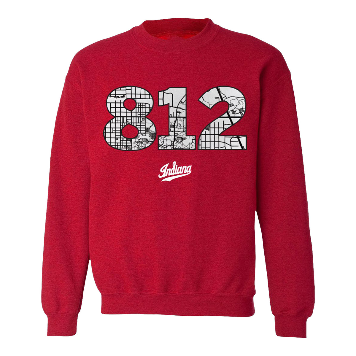 Indiana Hoosiers 812 Bloomington Map Crimson Crewneck - Front View