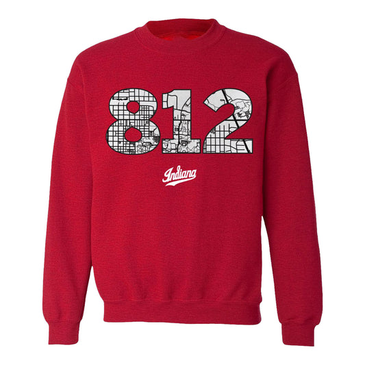 Indiana Hoosiers 812 Bloomington Map Crimson Crewneck - Front View