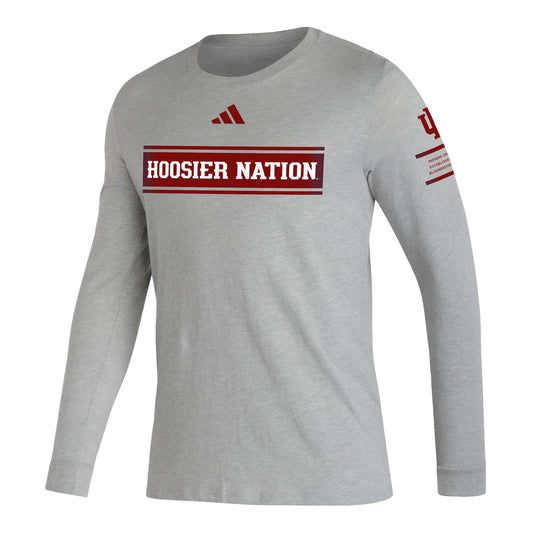 Indiana Hoosiers Adidas Pre-Game Hoosier Nation Long Sleeve Grey T-Shirt - Front View