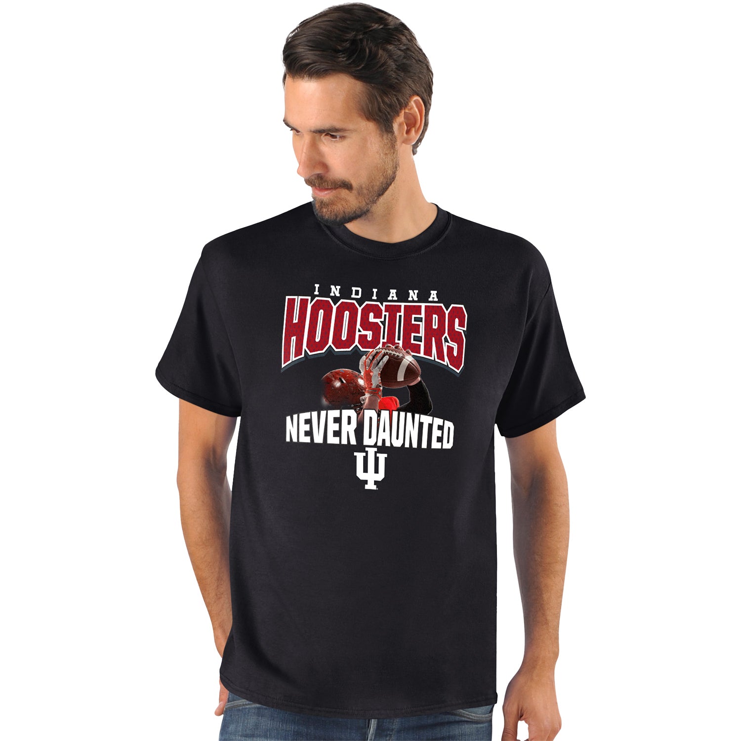 Indiana Hoosiers Football Never Daunted Black T-Shirt - Front View