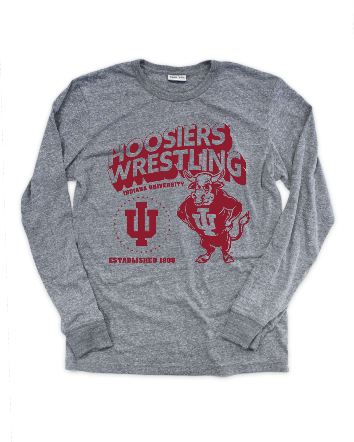 Indiana Hoosiers Wrestling Grey Retro Bison Long Sleeve Tee - Front View