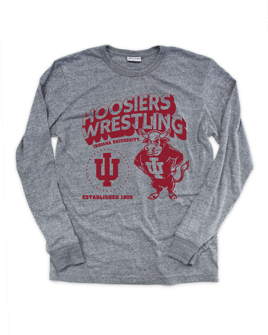 Indiana Hoosiers Wrestling Grey Retro Bison Long Sleeve Tee - Front View