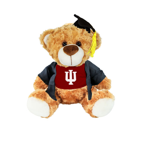 Indiana Hoosiers Fred Graduation Brown Bear in Crimson Tee and Black Grad Gown and Cap - Front View