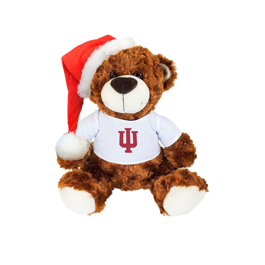 Indiana Hoosiers Bella Holiday Brown Bear in White Tee and Red Santa Hat - Front View