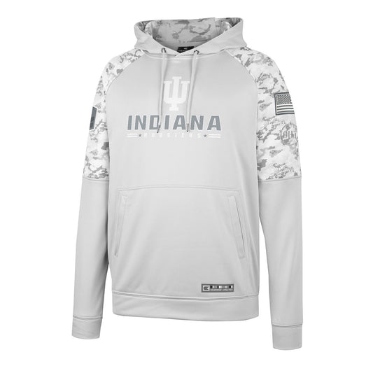 Indiana Hoosiers Clutch Hooded Sweatshirt in Light Grey with Camo Sleeves and Hood - Front View