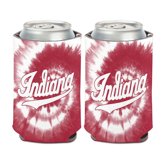 Indiana Hoosiers Tie Dye Script Coozie in Crimson and White - Front and Back View