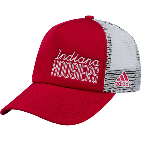 Ladies Indiana Hoosiers Adidas Wordmark Foam Trucker Adjustable Hat in Crimson - Front/Side View