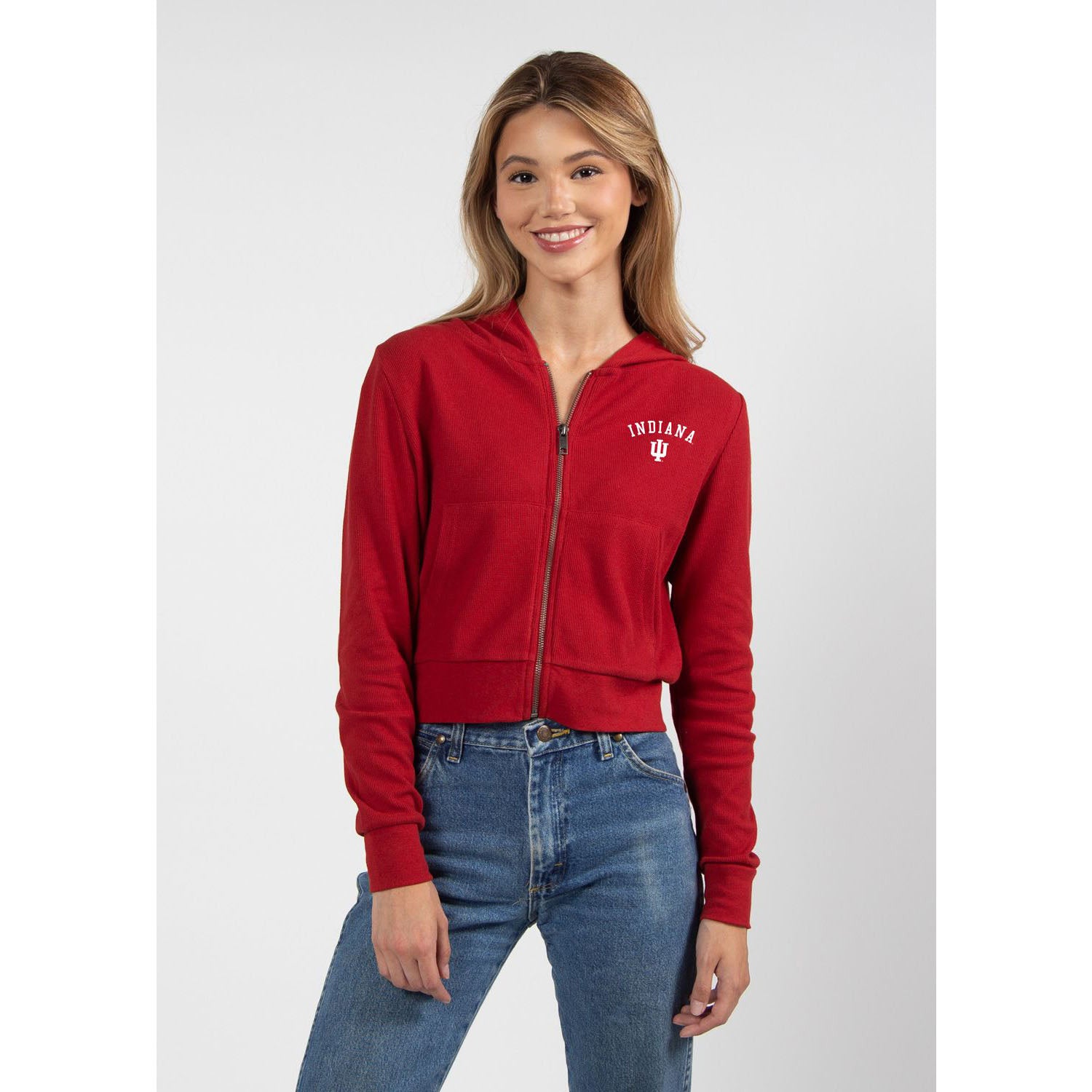 Ladies Indiana Hoosiers College Arc Zip Hoodie in Crimson - Front View