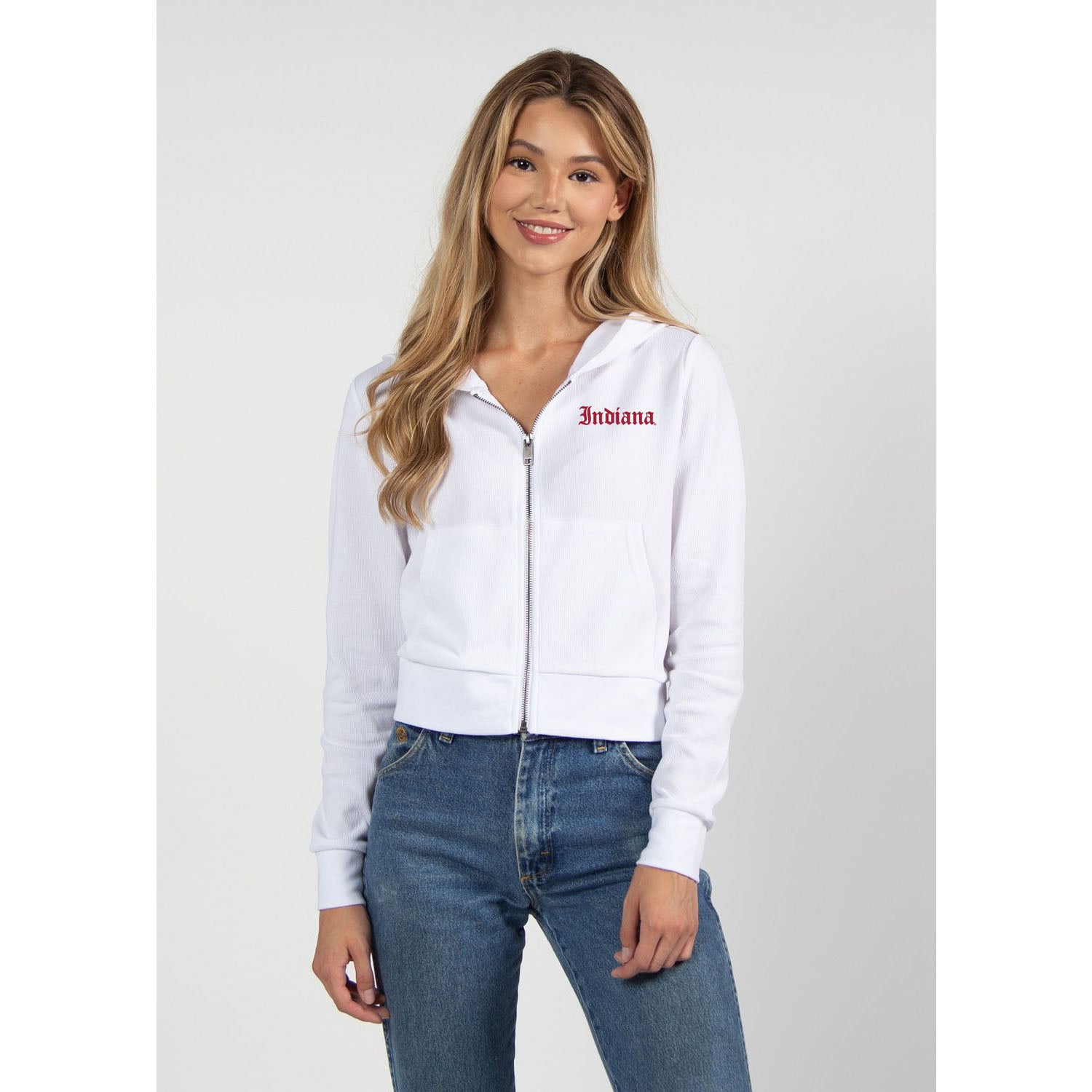 Ladies Indiana Hoosiers Old Letter Zip Hoodie in White - Front View