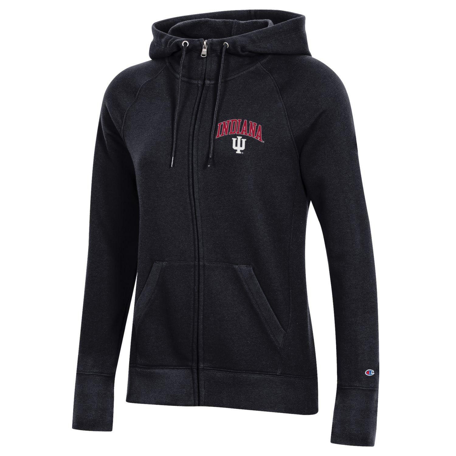 Ladies Indiana Hoosiers Fleece Full Zip Hood in Black - Front View