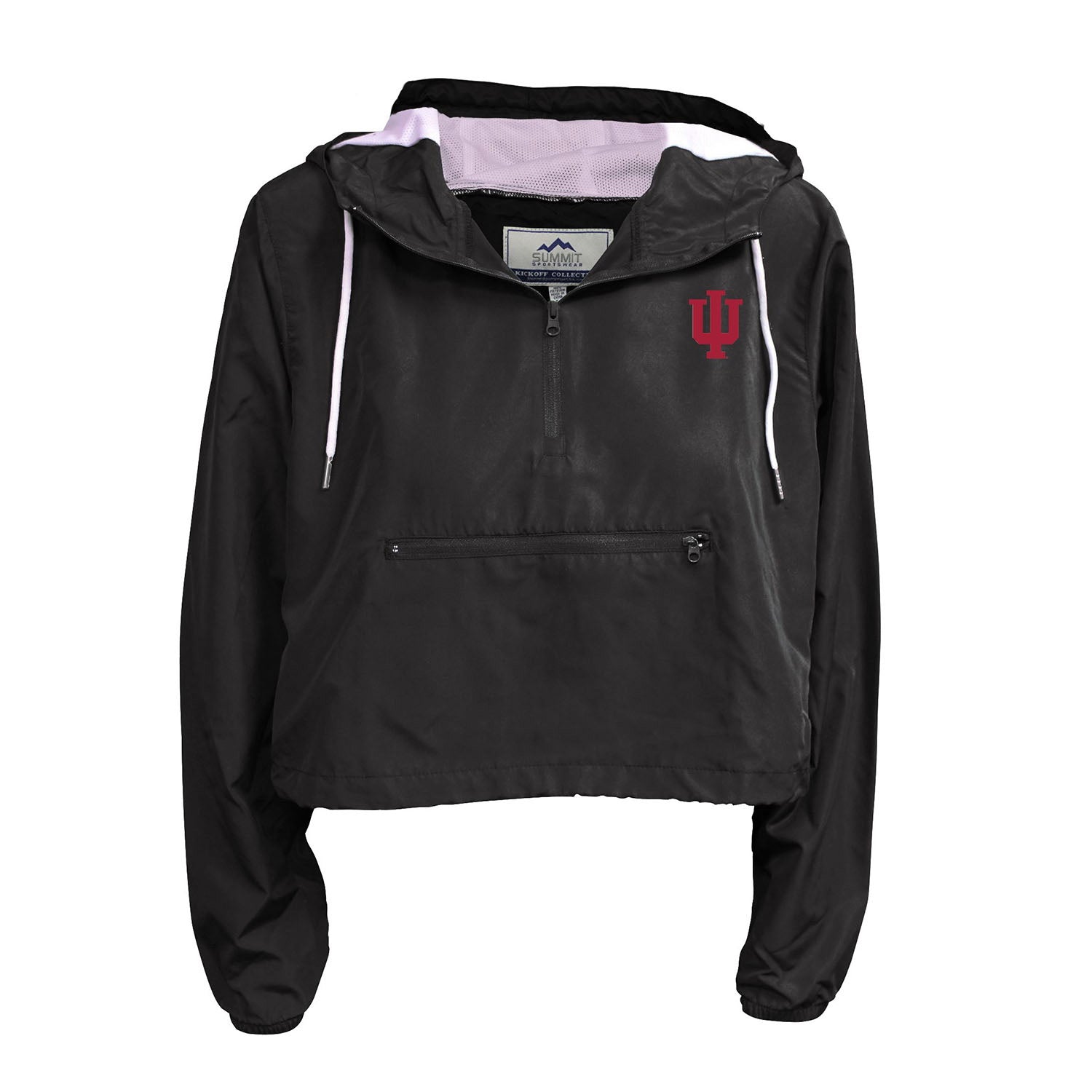 Ladies Indiana Hoosiers Black Crop Packable 1/4 Zip Rain Jacket - Front View