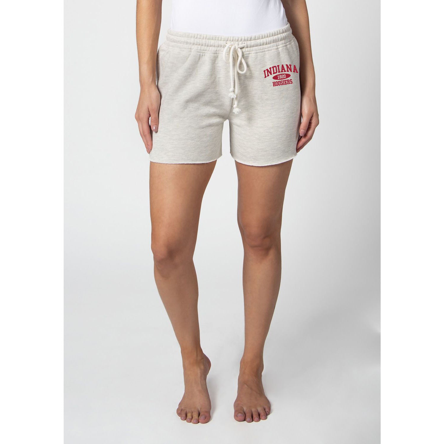 Ladies Indiana Hoosiers Throwback Est. Sweatshorts in Ash Grey - Front View