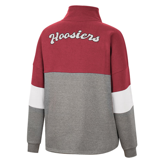 Ladies Indiana Hoosiers Magazine Oversized Sweatshirt in Crimson, White, and Grey - Back View