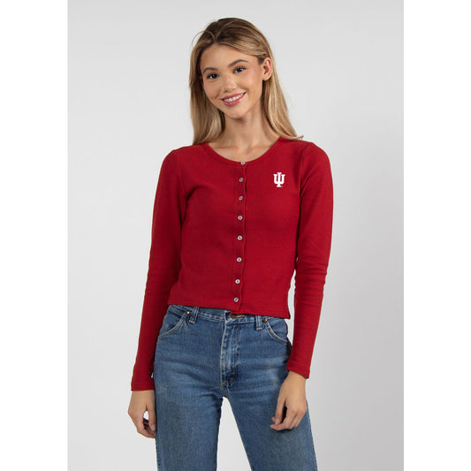 Ladies Indiana Hoosiers Primary Logo Button Down Cardigan in Crimson - Front View