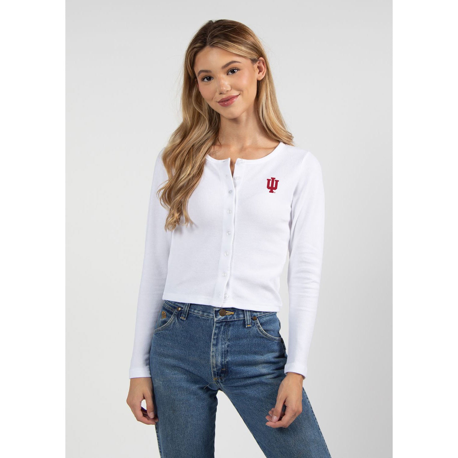 Ladies Indiana Hoosiers Arch Over Button Down Cardigan in White - Front View