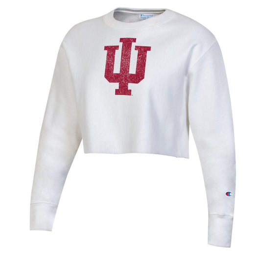 Ladies Indiana Hoosiers Distressed Reverse Weave Cropped Crew in White - Front View