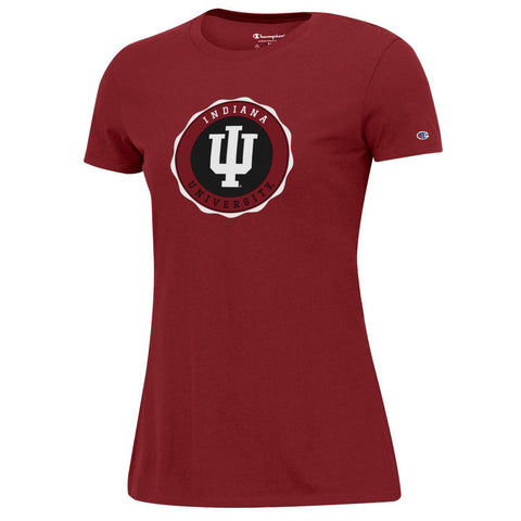 Ladies Indiana Hoosiers Distressed Short Sleeve T-Shirt in Crimson - Front View