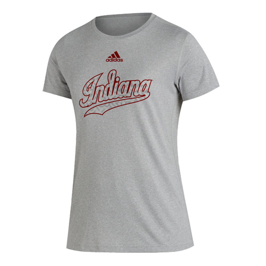 Ladies Indiana Hoosiers Adidas Creator Tail Script T-Shirt in Grey - Front View
