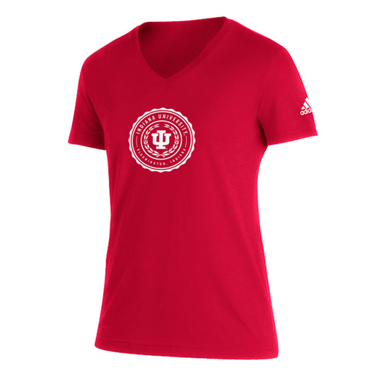 Ladies Indiana Hoosiers Adidas V-Neck Victory Blend T-Shirt in Crimson - Front View