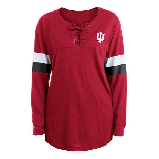 Ladies Indiana Hoosiers Script Lace Up T-Shirt in Crimson - Front View