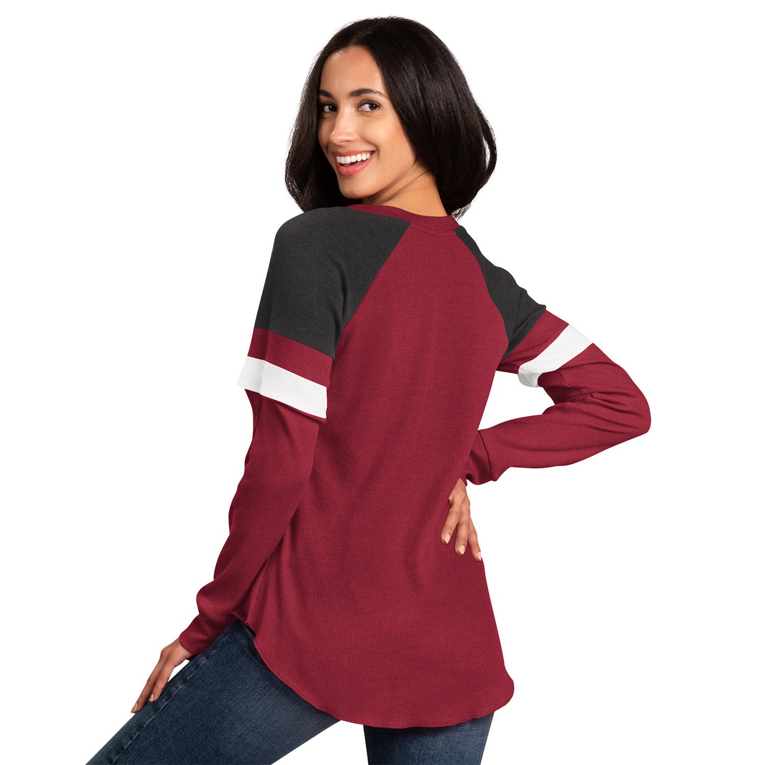 Ladies Indiana Hoosiers Triple Play Long Sleeve in Crimson - Back View